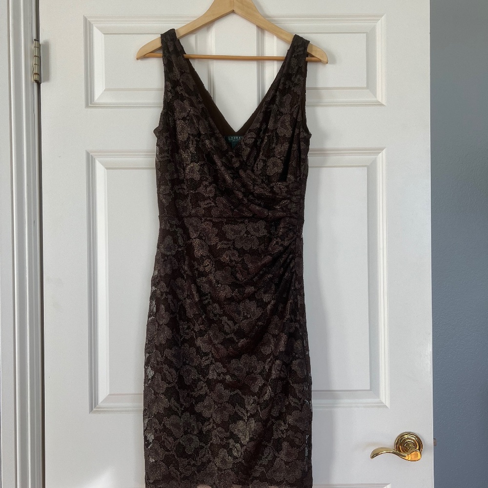 Lauren Ralph Lauren Bronze Metallic Lace V-Crossover Evening Dress, Size 12
